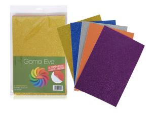 GOMA EVA A4 ADHESIVA CON BRILLANTINA 5 COLORES